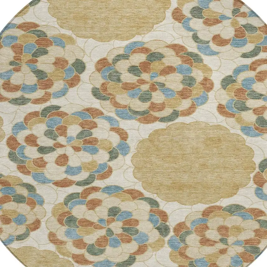 8' Beige And Ivory Round Floral Washable Indoor Outdoor Area Rug Photo 3