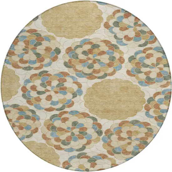8' Beige And Ivory Round Floral Washable Indoor Outdoor Area Rug Photo 1