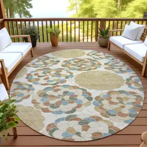 Photo of 8' Beige And Ivory Round Floral Washable Indoor Outdoor Area Rug