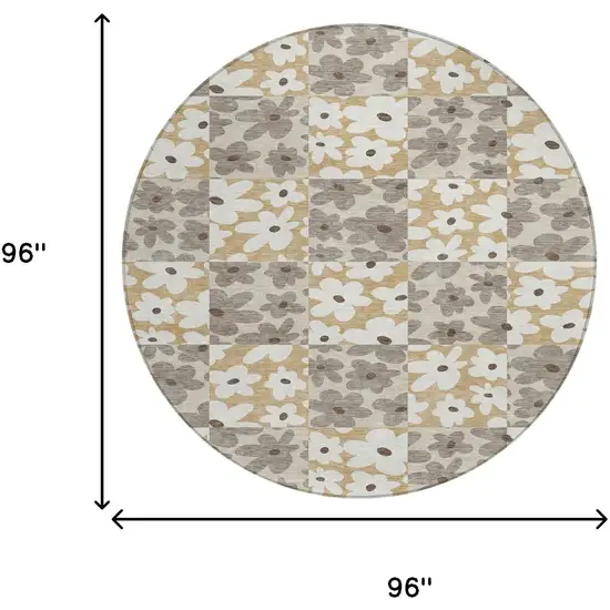 8' Beige And Ivory Round Floral Washable Indoor Outdoor Area Rug Photo 8