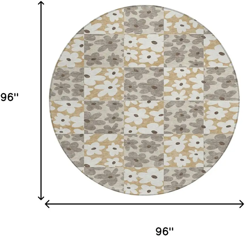 8' Beige And Ivory Round Floral Washable Indoor Outdoor Area Rug Photo 8
