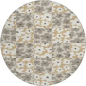 Photo of 8' Beige And Ivory Round Floral Washable Indoor Outdoor Area Rug