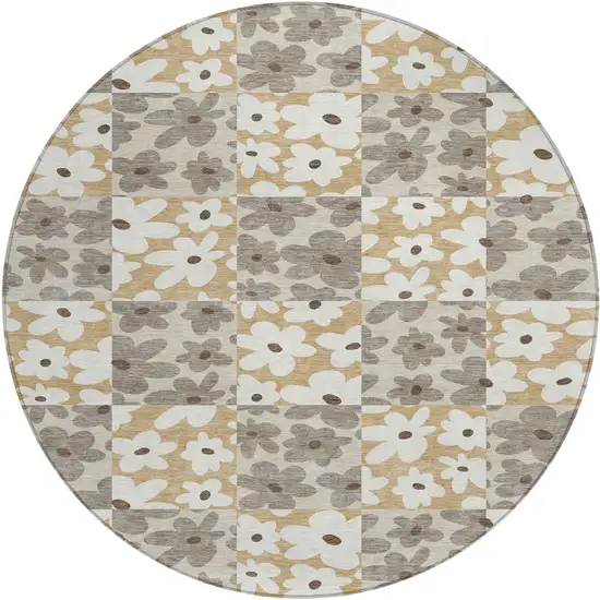 8' Beige And Ivory Round Floral Washable Indoor Outdoor Area Rug Photo 1