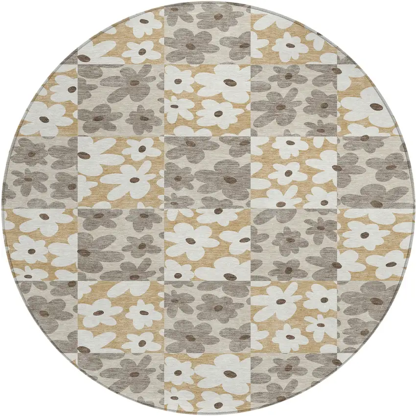 8' Beige And Ivory Round Floral Washable Indoor Outdoor Area Rug Photo 1