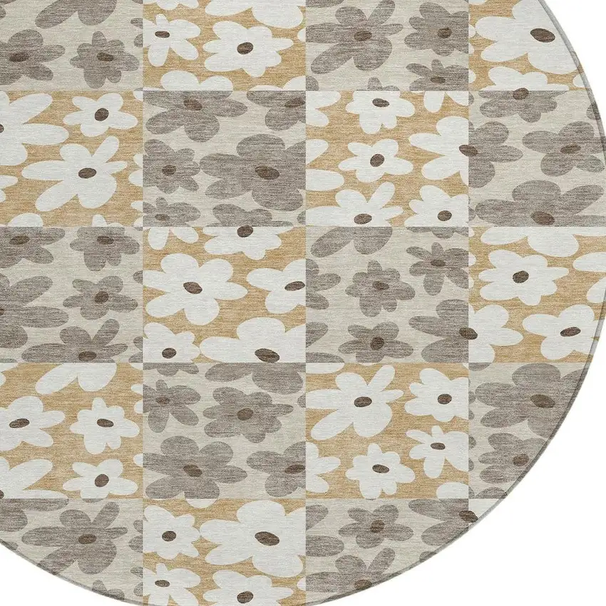 8' Beige And Ivory Round Floral Washable Indoor Outdoor Area Rug Photo 2