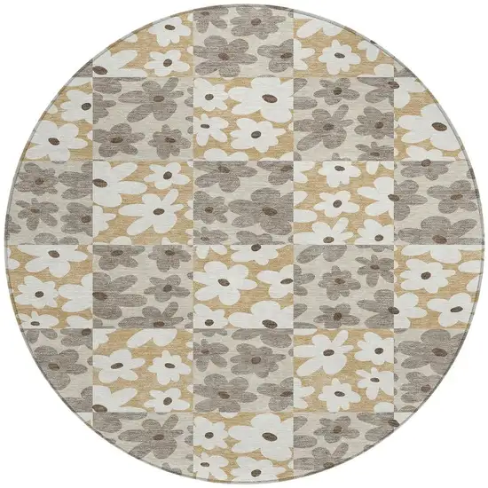 8' Beige And Ivory Round Floral Washable Indoor Outdoor Area Rug Photo 3