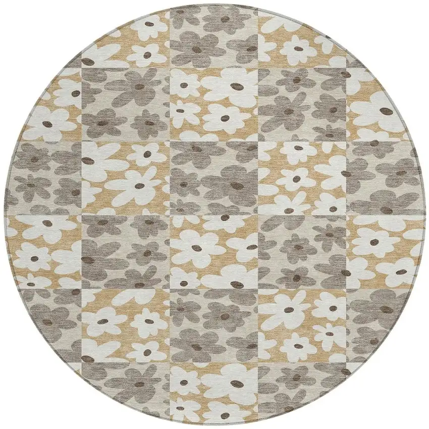 8' Beige And Ivory Round Floral Washable Indoor Outdoor Area Rug Photo 3