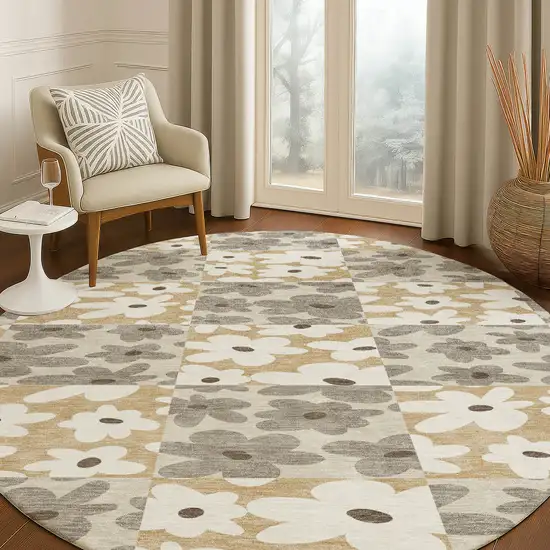 8' Beige And Ivory Round Floral Washable Indoor Outdoor Area Rug Photo 5
