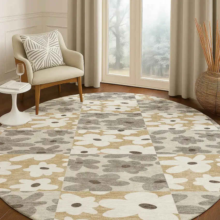 8' Beige And Ivory Round Floral Washable Indoor Outdoor Area Rug Photo 5