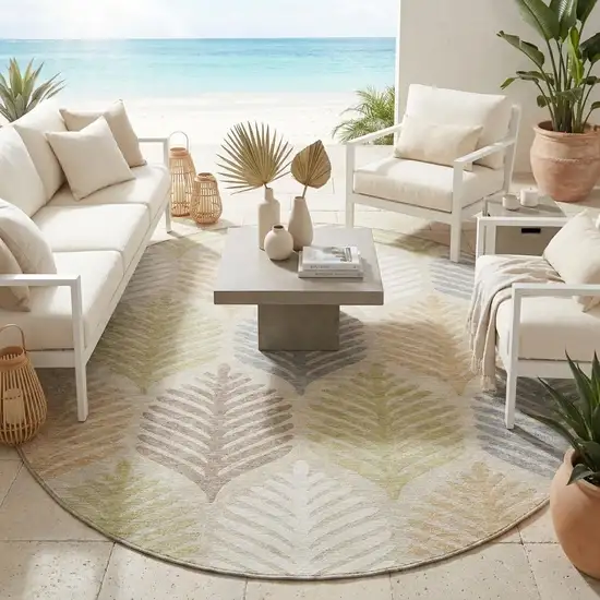 8' Beige And Ivory Round Floral Washable Indoor Outdoor Area Rug Photo 1