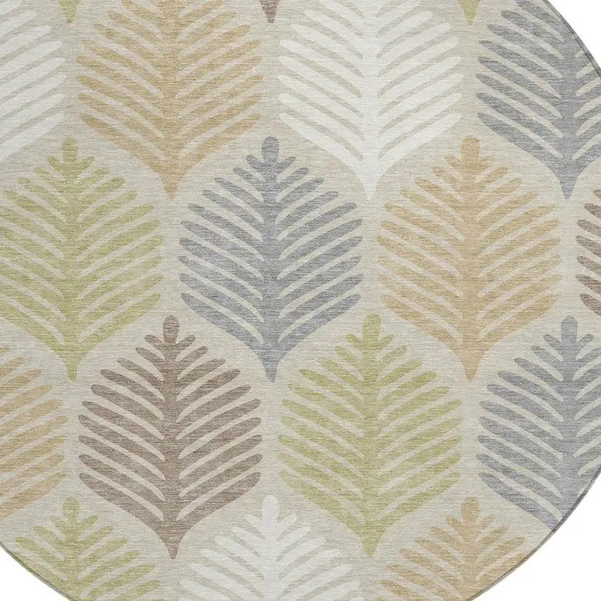 8' Beige And Ivory Round Floral Washable Indoor Outdoor Area Rug Photo 3
