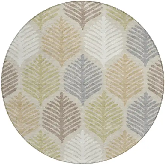 8' Beige And Ivory Round Floral Washable Indoor Outdoor Area Rug Photo 2