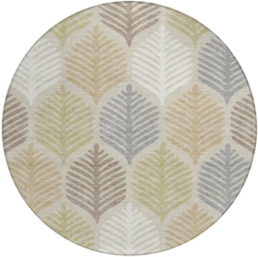 8' Beige And Ivory Round Floral Washable Indoor Outdoor Area Rug Photo 2