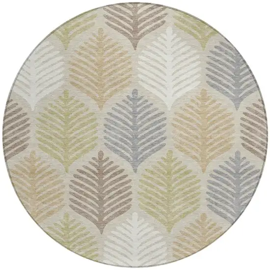 8' Beige And Ivory Round Floral Washable Indoor Outdoor Area Rug Photo 4