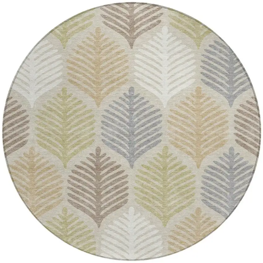 8' Beige And Ivory Round Floral Washable Indoor Outdoor Area Rug Photo 4