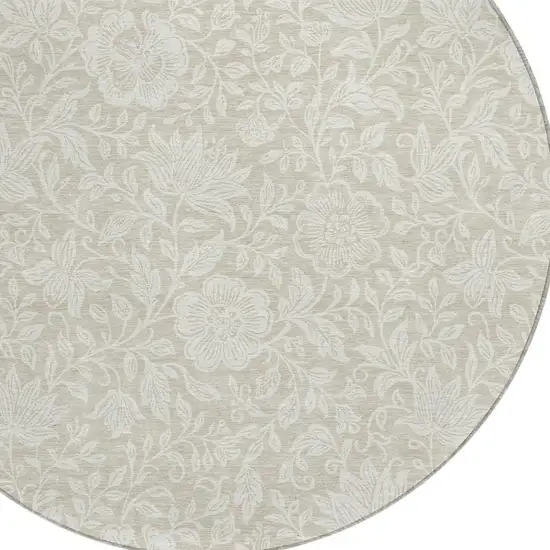 8' Beige And Ivory Round Floral Washable Indoor Outdoor Area Rug Photo 2