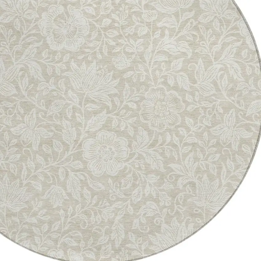 8' Beige And Ivory Round Floral Washable Indoor Outdoor Area Rug Photo 2