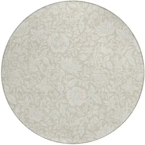 8' Beige And Ivory Round Floral Washable Indoor Outdoor Area Rug Photo 1