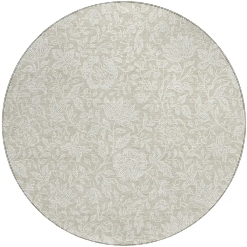 8' Beige And Ivory Round Floral Washable Indoor Outdoor Area Rug Photo 1