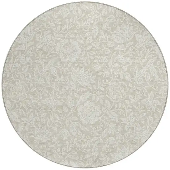 8' Beige And Ivory Round Floral Washable Indoor Outdoor Area Rug Photo 3