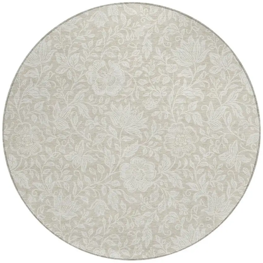 8' Beige And Ivory Round Floral Washable Indoor Outdoor Area Rug Photo 3