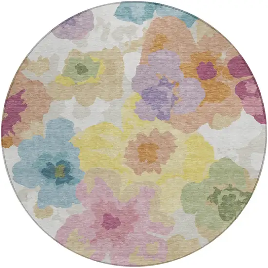 8' Beige And Ivory Round Floral Washable Indoor Outdoor Area Rug Photo 1