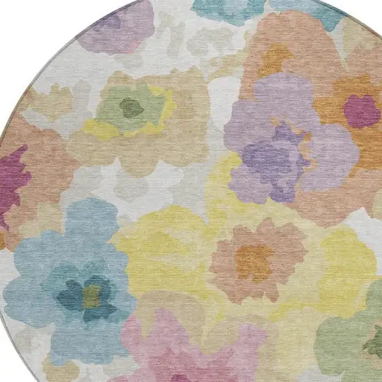 8' Beige And Ivory Round Floral Washable Indoor Outdoor Area Rug Photo 2