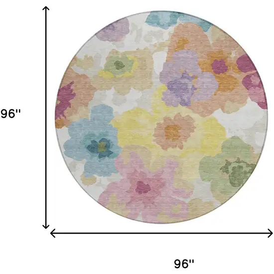 8' Beige And Ivory Round Floral Washable Indoor Outdoor Area Rug Photo 6