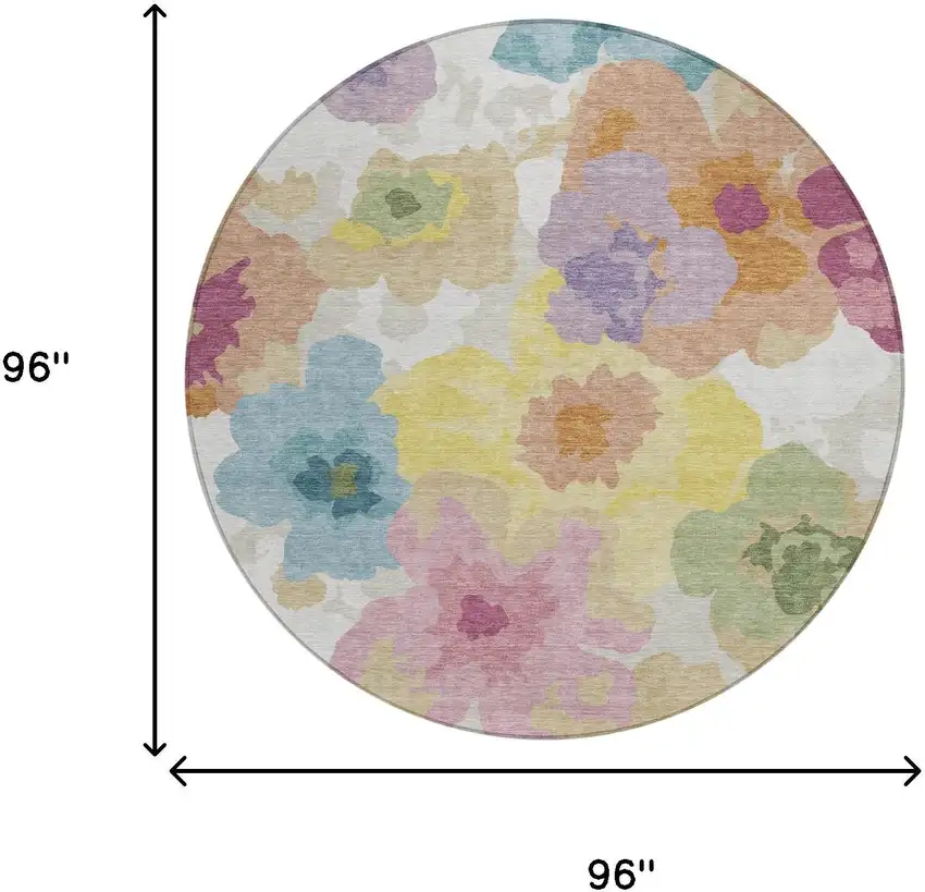 8' Beige And Ivory Round Floral Washable Indoor Outdoor Area Rug Photo 6