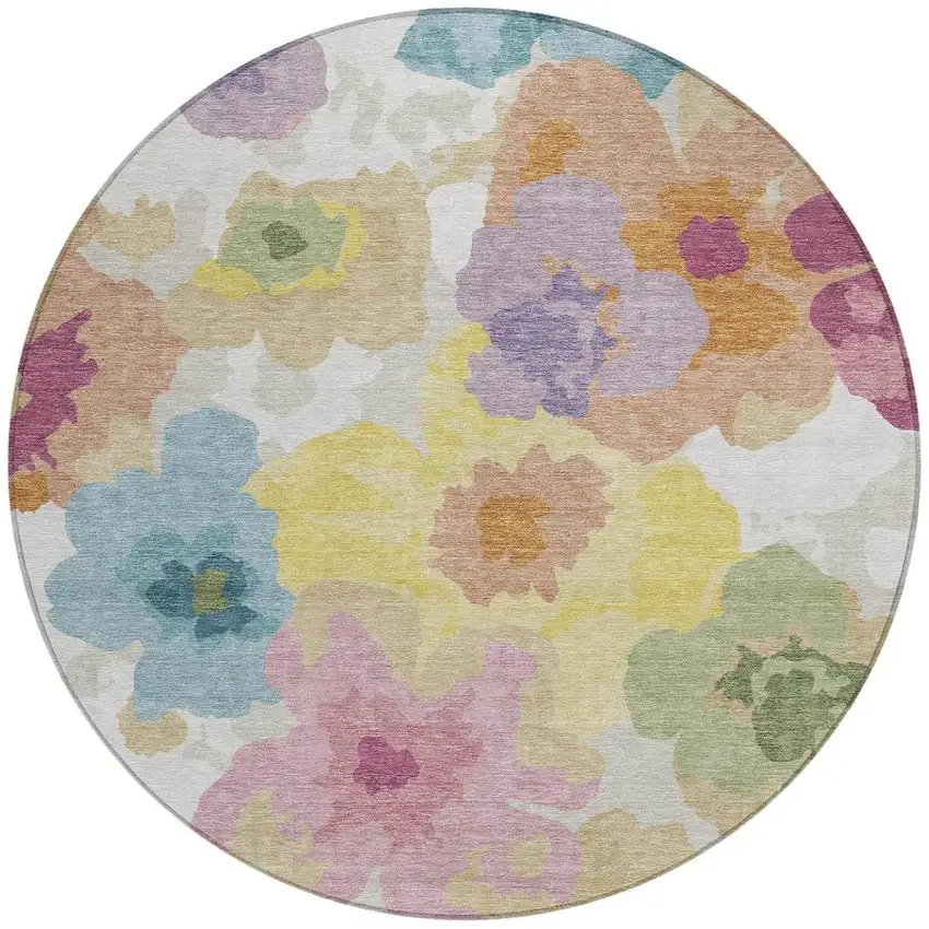 8' Beige And Ivory Round Floral Washable Indoor Outdoor Area Rug Photo 3