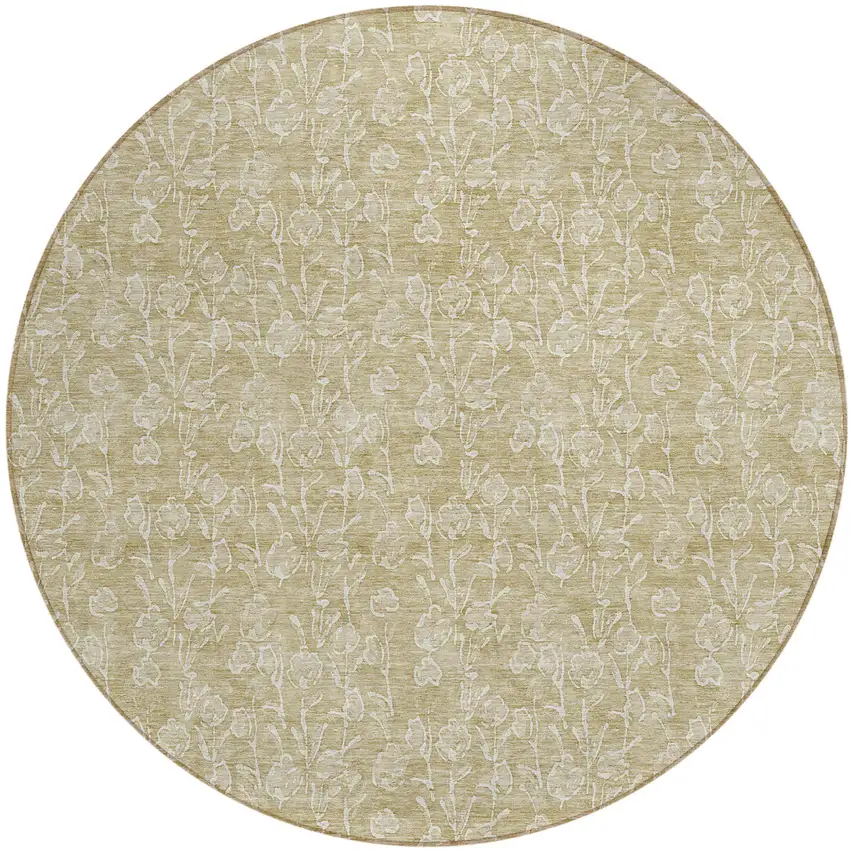 8' Beige And Ivory Round Floral Washable Indoor Outdoor Area Rug Photo 2