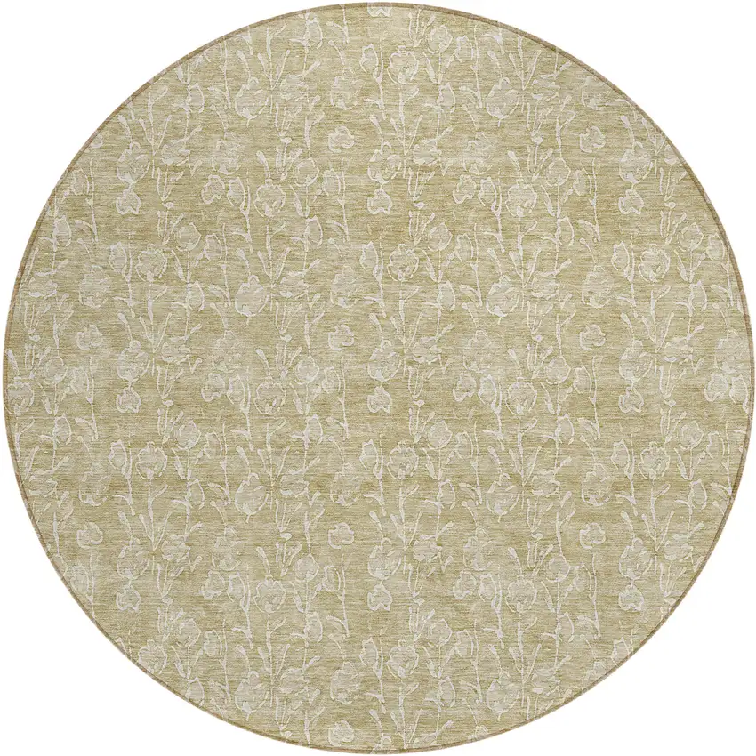 8' Beige And Ivory Round Floral Washable Indoor Outdoor Area Rug Photo 2