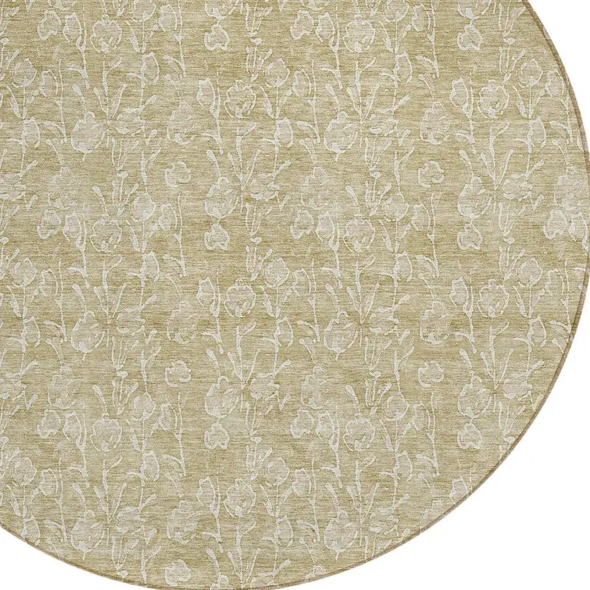8' Beige And Ivory Round Floral Washable Indoor Outdoor Area Rug Photo 4