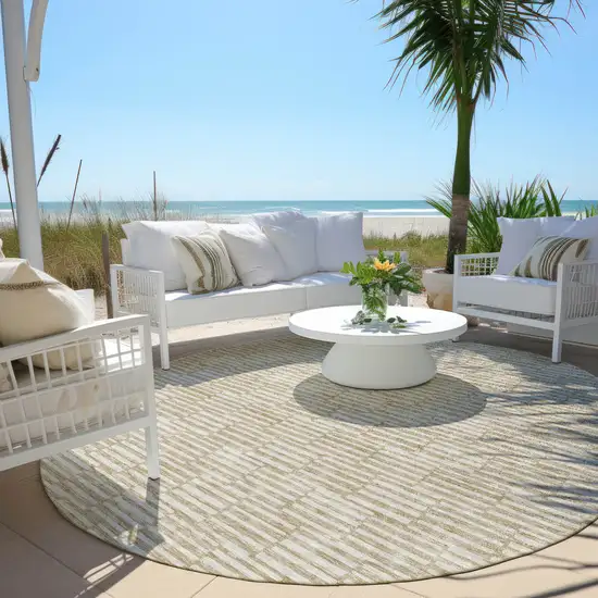 8' Beige And Ivory Round Geometric Washable Indoor Outdoor Area Rug Photo 6