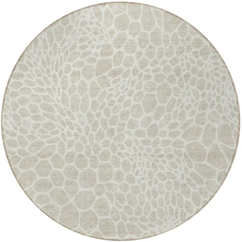 8' Beige And Ivory Round Geometric Washable Indoor Outdoor Area Rug Photo 5