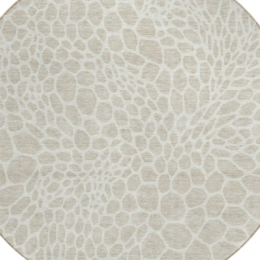 8' Beige And Ivory Round Geometric Washable Indoor Outdoor Area Rug Photo 4