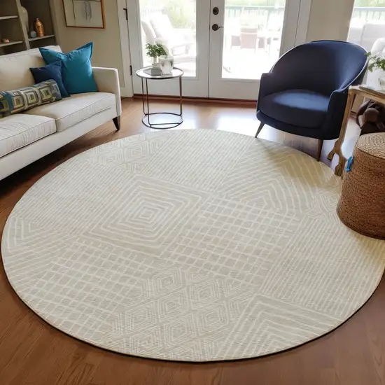 8' Beige And Ivory Round Geometric Washable Indoor Outdoor Area Rug Photo 7
