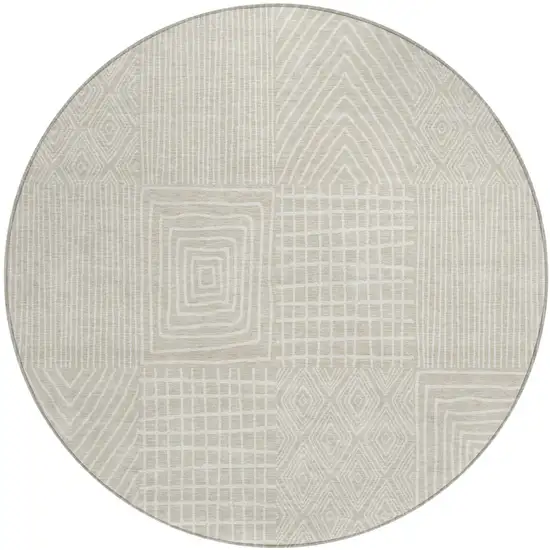 8' Beige And Ivory Round Geometric Washable Indoor Outdoor Area Rug Photo 2