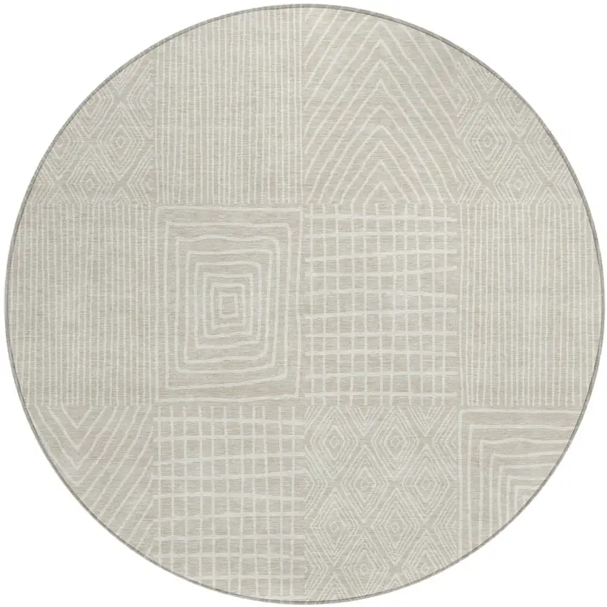 8' Beige And Ivory Round Geometric Washable Indoor Outdoor Area Rug Photo 2
