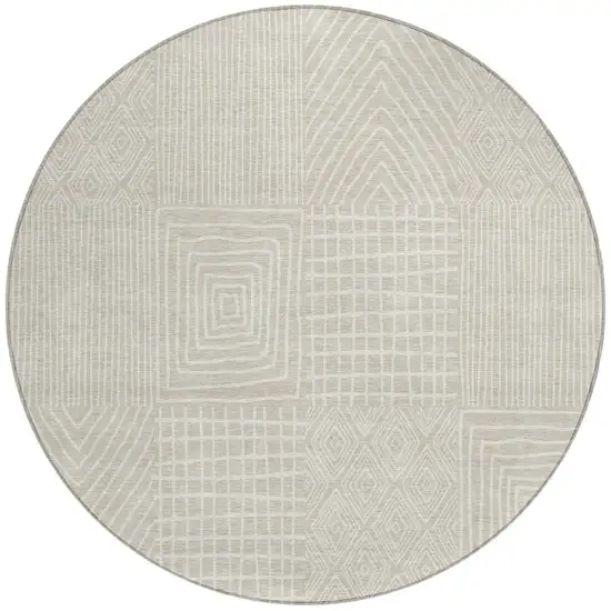 8' Beige And Ivory Round Geometric Washable Indoor Outdoor Area Rug Photo 5