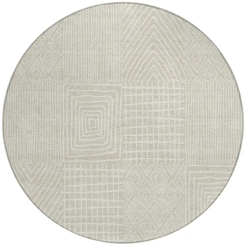 8' Beige And Ivory Round Geometric Washable Indoor Outdoor Area Rug Photo 5