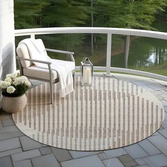 8' Beige And Ivory Round Geometric Washable Indoor Outdoor Area Rug Photo 7