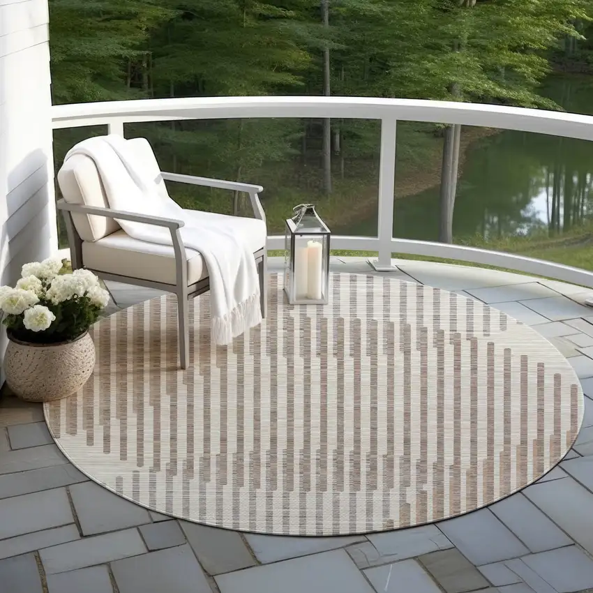 8' Beige And Ivory Round Geometric Washable Indoor Outdoor Area Rug Photo 7