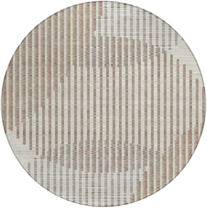 8' Beige And Ivory Round Geometric Washable Indoor Outdoor Area Rug Photo 2