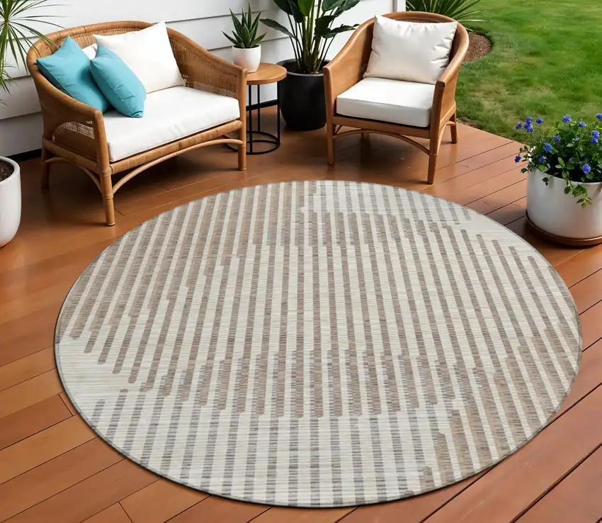 8' Beige And Ivory Round Geometric Washable Indoor Outdoor Area Rug Photo 1