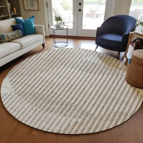 8' Beige And Ivory Round Geometric Washable Indoor Outdoor Area Rug Photo 8