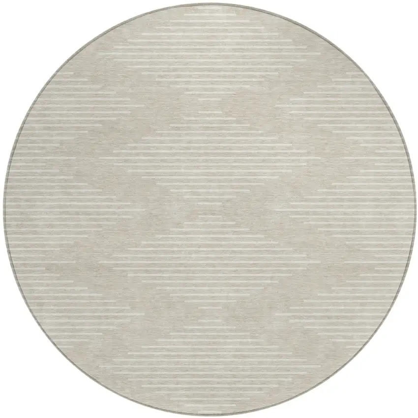 8' Beige And Ivory Round Geometric Washable Indoor Outdoor Area Rug Photo 2