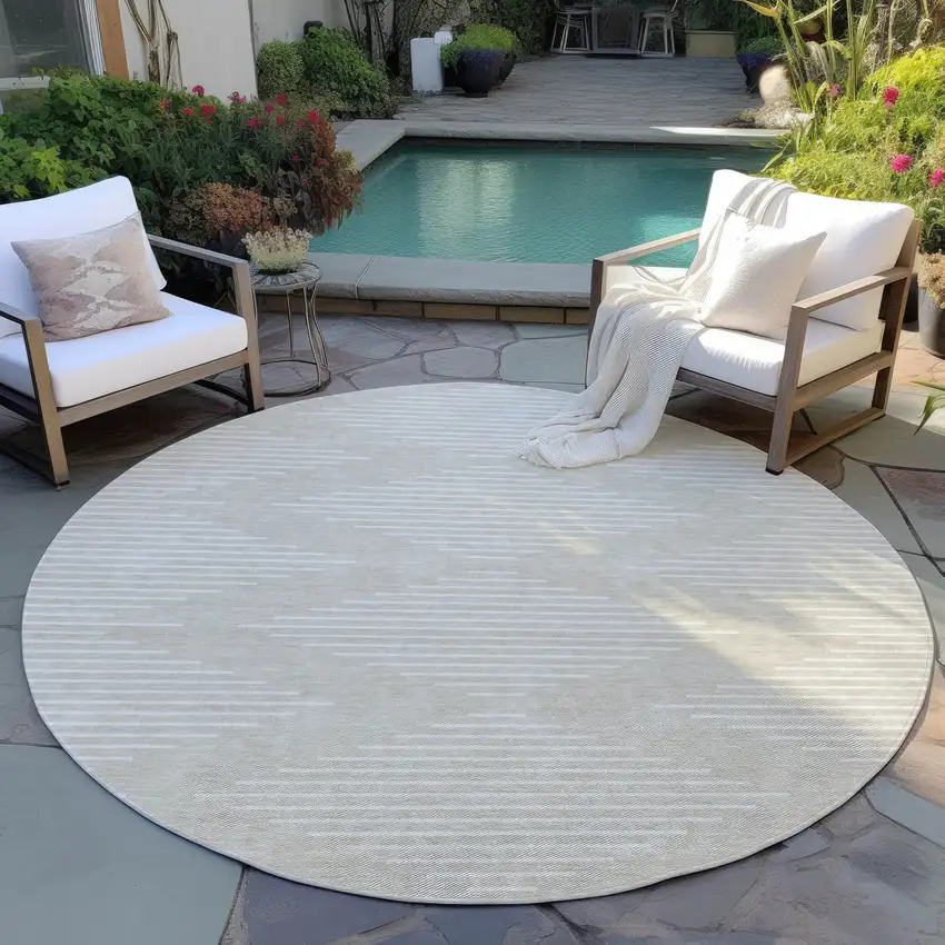 8' Beige And Ivory Round Geometric Washable Indoor Outdoor Area Rug Photo 6
