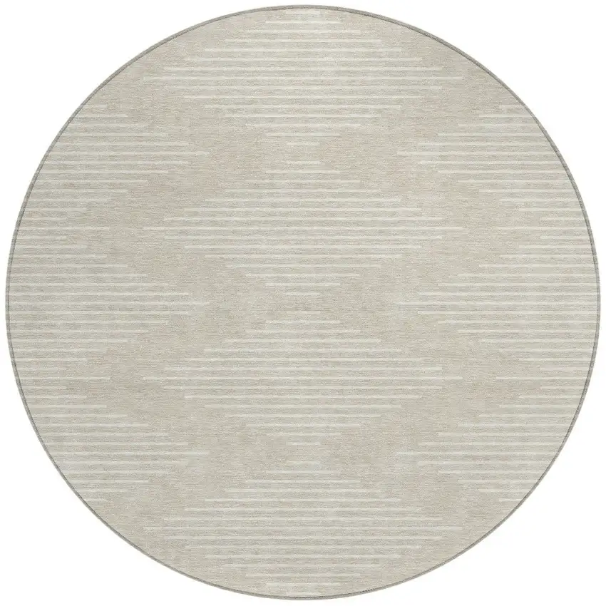 8' Beige And Ivory Round Geometric Washable Indoor Outdoor Area Rug Photo 5