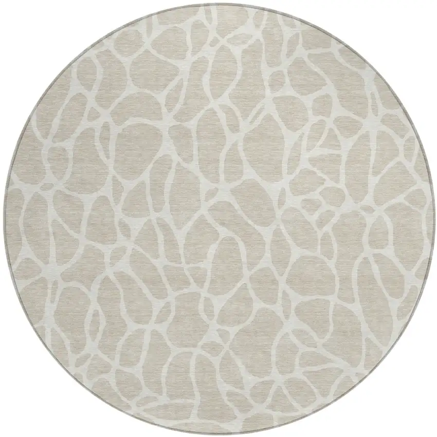8' Beige And Ivory Round Geometric Washable Indoor Outdoor Area Rug Photo 2